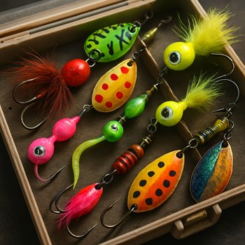 Коробка с зимними блёснами и мормышками на снегу