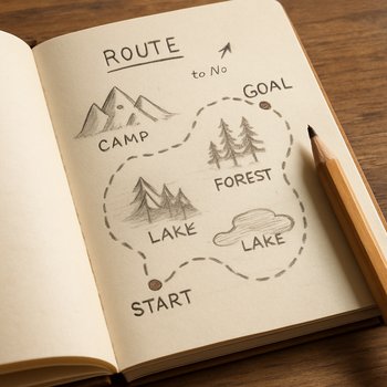 Блокнот с наброском маршрута и отметками лунок