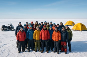Группа участников экспедиционного тура на льду с гидом