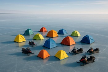 Вид сверху на лагерь FrozenLake Tours и тропы на льду