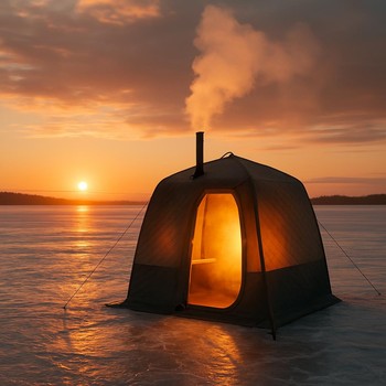 Походная сауна-тент рядом с лагерем на льду