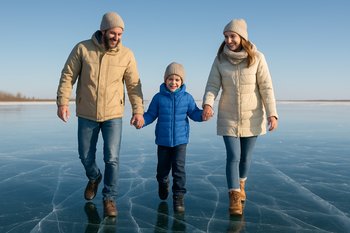 Семья гуляет по льду рядом с палаточным лагерем