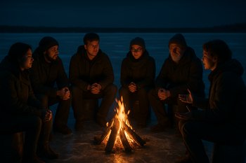 Небольшой костёр рядом с домиком на льду и стульями по кругу