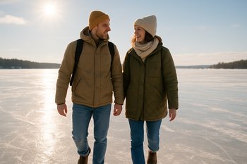 Двое людей идут по льду вдоль палаточного лагеря