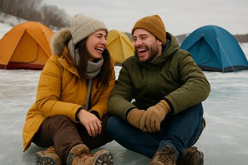 Группа друзей смеётся в тёплом домике на льду