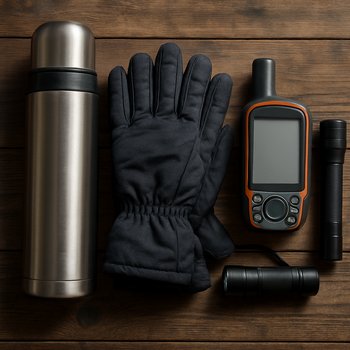 Стол с разложенными зимними снастями и термосами в лагере