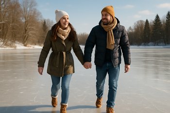 Пара идёт по прозрачному льду вдоль кромки снега