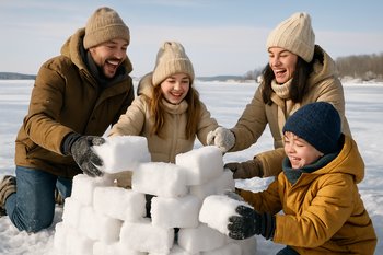 Семья стоит на льду перед домиком FrozenLake Tours