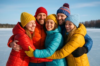 Компания друзей на льду рядом с палаточным лагерем