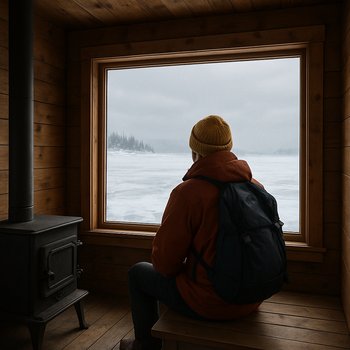 Один домик на льду в окружении снега и льда