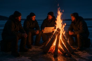 Команда гидов FrozenLake Tours у небольшого костра рядом с лагерем на льду
