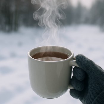 Кружка горячего чая с паром на фоне заснеженного льда