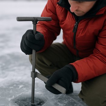 Гид FrozenLake Tours измеряет толщину льда буром и линейкой