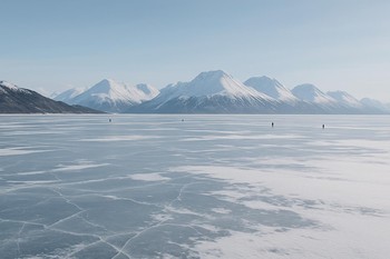 Широкий залив с протоптанными тропами на льду