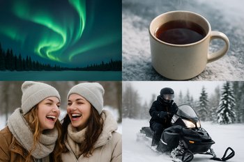 Коллаж из четырёх кадров: тихий лёд, снегоходы, семейная прогулка и фото-ночь