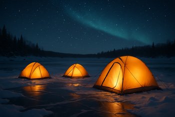 Ночной лагерь FrozenLake Tours на льду с мягким светом палаток