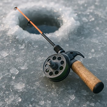 Зимняя удочка и катушка на льду рядом с лункой