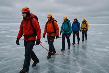 Группа на льду идёт по размеченной тропе с сигнальной верёвкой безопасности