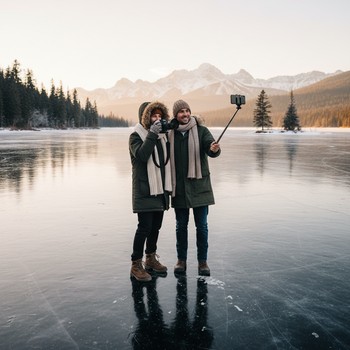 Пара фотографирует ледяные узоры на закате