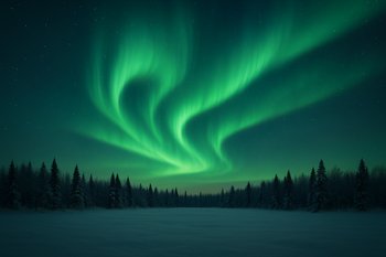 Лагерь на льду на фоне звёздного неба и слабого сияния