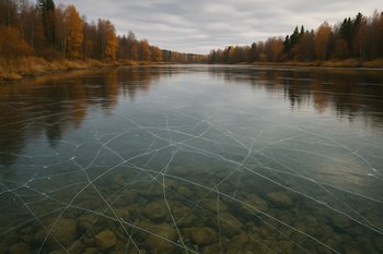 Рассвет над первым прозрачным льдом и следами от бура