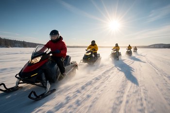 Группа на снегоходах выезжает к палаточному городку на льду