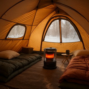 Внутри тёплой палатки: спальники, фонарь и пар от кружки