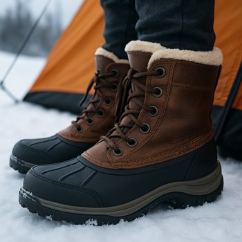 Тёплые зимние ботинки стоят на заснеженном льду