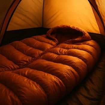 Тёплый спальник и плед внутри домика на льду