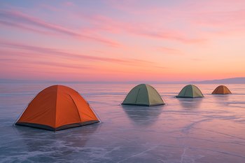 Палаточный лагерь FrozenLake Tours на рассвете над льдом