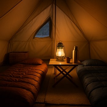 Внутри тёплой палатки с фонарём и спальниками